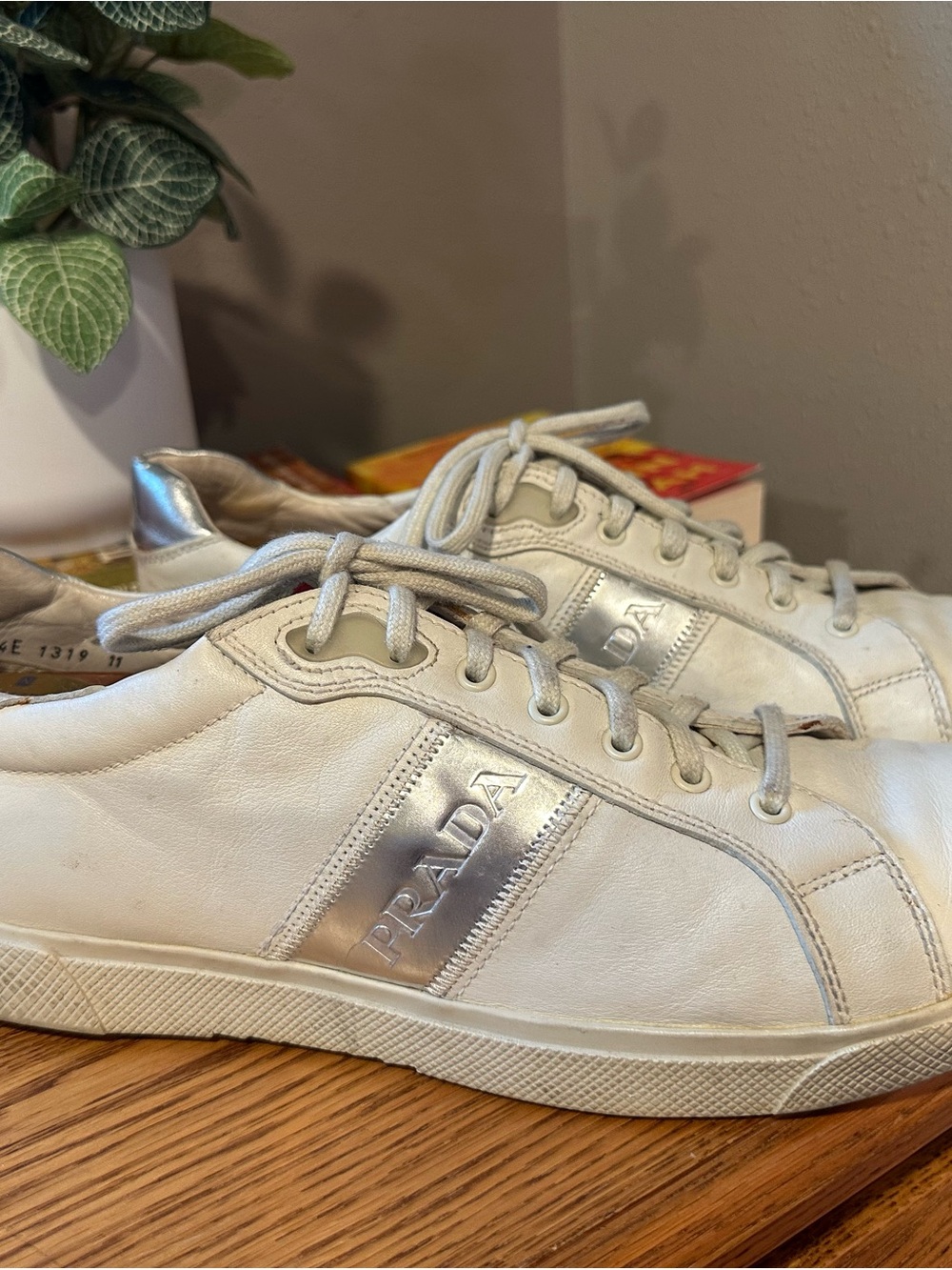 Prada White Leather Sneakers with Silver Logo Panel
